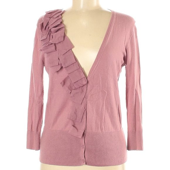 Ann Taylor LOFT Pink Ruffle V-Neck Cardigan Medium - Picture 1 of 4